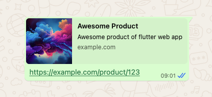 WhatsApp message with Open Graph - shows rich preview with image, title, and description
